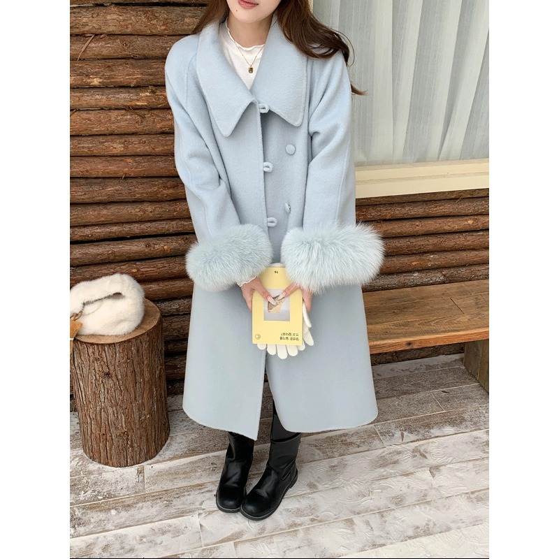 韩版高级新款 2025 可拆卸毛毛袖 韩系千金风羊毛双面呢大衣毛呢