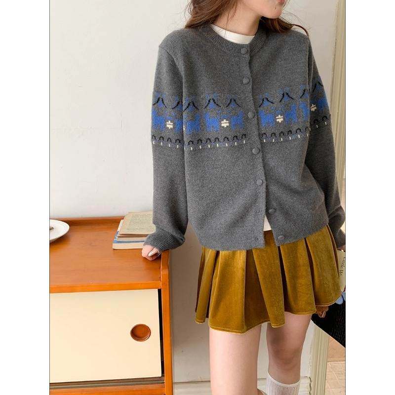 韩版高级2025 早春 氛围感费尔岛提花针织开衫毛衣ZY39002025年冬,女装/女士精品,毛衣,淘宝优惠券,粉丝福利购,淘宝优惠卷