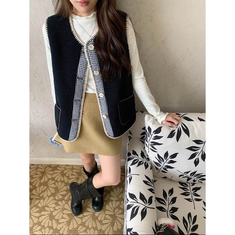 韩版高级新款2025 叠穿神器 撞色拼接仿羊羔毛宽松马甲背心马夹Z