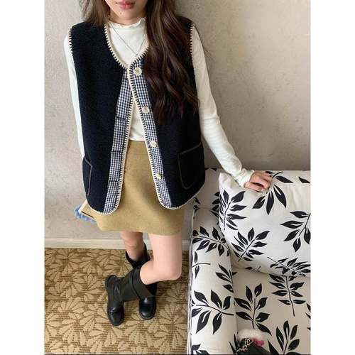 韩版高级新款2025 叠穿神器 撞色拼接仿羊羔毛宽松马甲背心马夹Z