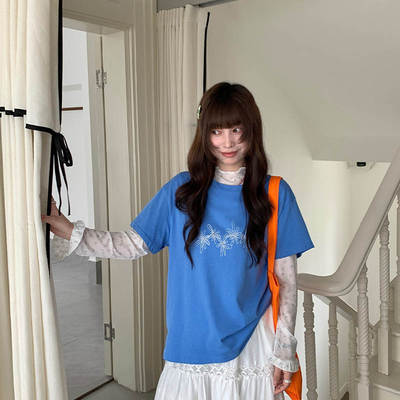 韩版高级十三行夏季韩系舒适休闲钉珠直筒宽松T恤上衣女2804纯色