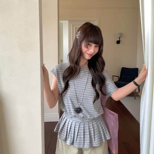 韩版高级十三行夏季韩系落肩短袖收腰条纹上衣设计T恤女30302026