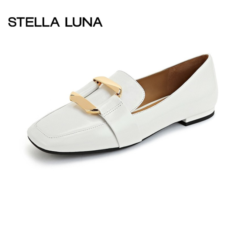STELLA LUNA女鞋春夏季新款平底单鞋方头牛皮方扣时尚通勤乐福鞋