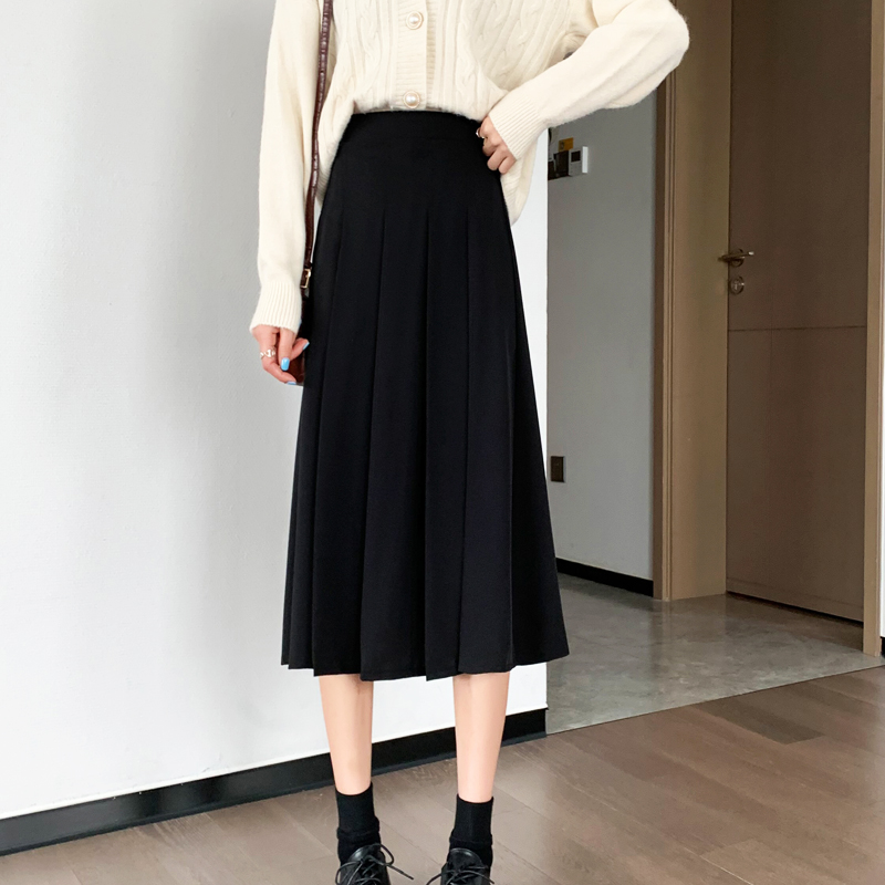 黑色流行高腰显瘦垂感a字百褶裙