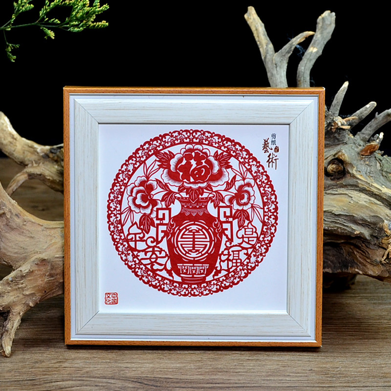 传统民俗手工艺品红色剪纸装饰摆件实木相框中国风纪念品送老外