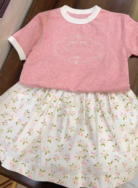 4-14岁 法单女孩中小童粉红色全棉撞色边樱桃字母刺绣短袖T恤上衣