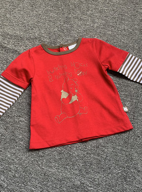 D家纯原初生新生婴儿宝宝红色条纹拼接长袖T恤上衣打底衫0-6个月