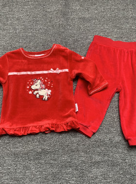 外贸原单初生婴儿女宝宝天鹅绒红色刺绣外套上衣长裤套装 0-3个月
