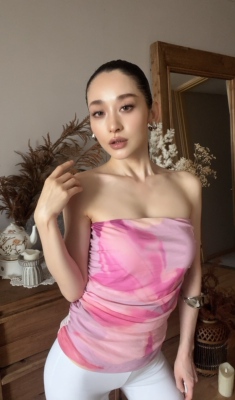 海滩度假风性感辣妹时髦扎染印花细网纱弹力显瘦收腰抹胸上衣