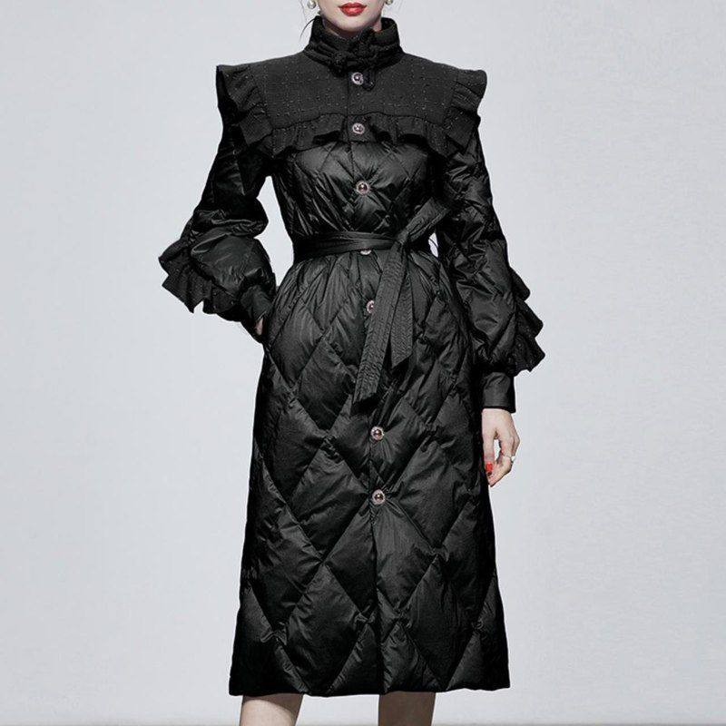 冬季黑色收腰中长款白鸭绒羽绒服加厚过膝面包服外套