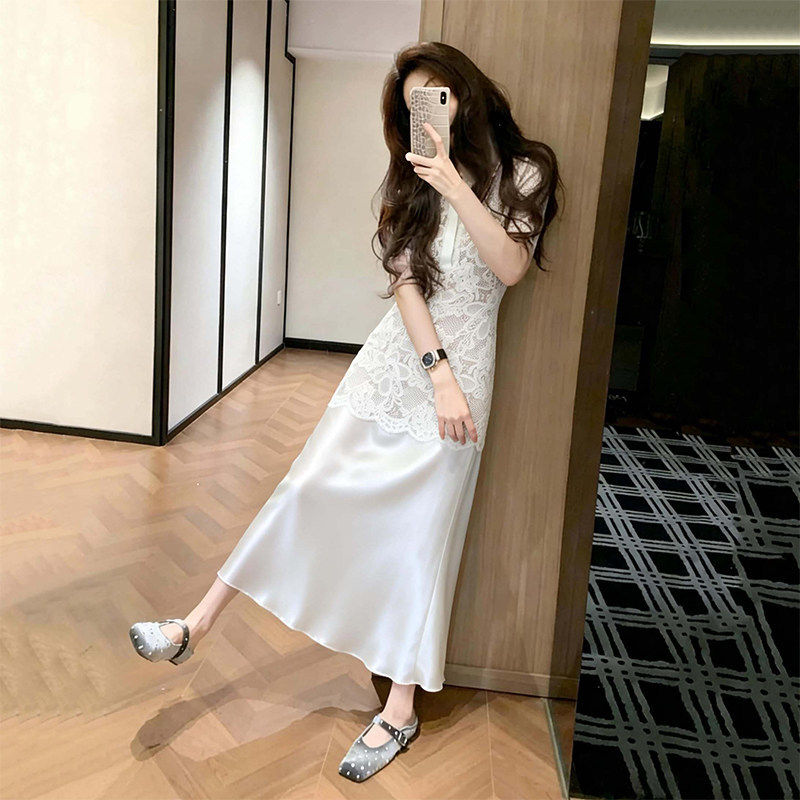 法式气质白色蕾丝衬衫连衣裙女2026春季新款巨好看收腰显瘦长裙子