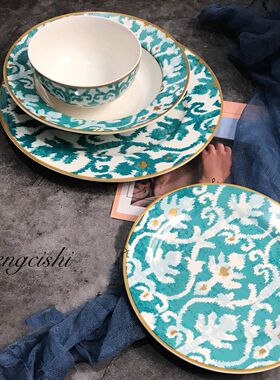 原单LuckAr*绿色金沿新骨瓷欧式美式元素图腾牛排盘餐盘深盘米饭