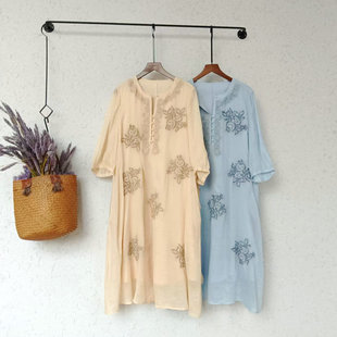 [100%苎麻]新中式连衣裙女2025春夏新款中长款宽松刺绣A字裙