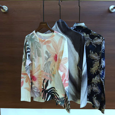 [100%羊毛]卡米兰圆领印花毛衣女2025秋新款宽松羊毛衫针织上衣