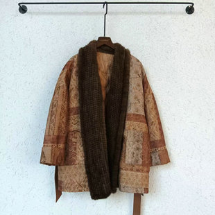 卡米兰2025水貂编织毛领桑蚕丝提花鹅绒羽绒服女冬中长款V领皮草