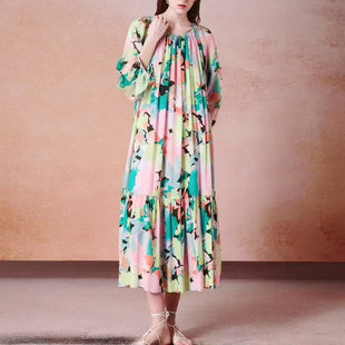 [100桑蚕丝]真丝连衣裙女2025春夏新款中长款长袖印花度假连衣裙