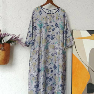 别致高级感印花连衣裙2023春夏新款宽松中长款系带A字裙