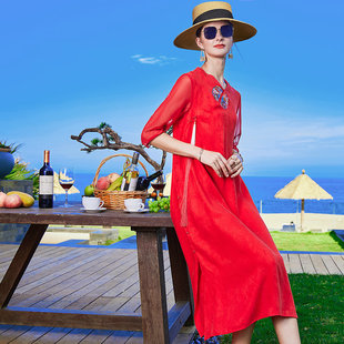 连衣裙女2022年夏季新款中长款刺绣复古流苏红色真丝桑蚕丝A字裙