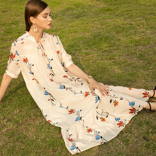 真丝连衣裙女2022年春季新款中长款桑蚕丝印花拼接A字裙