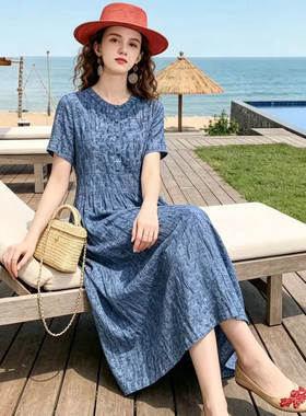 钉珠双绉真丝2026夏新款轻奢高级感女装收腰显瘦桑蚕丝短袖连衣裙