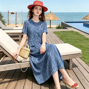 钉珠双绉真丝2026夏新款轻奢高级感女装收腰显瘦桑蚕丝短袖连衣裙
