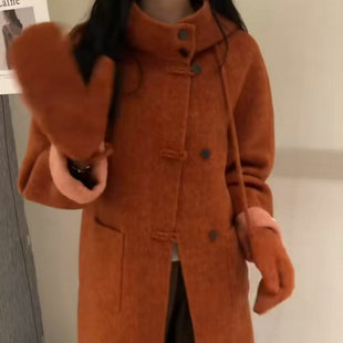 卡米兰2025新款秋带手套长款羊驼毛大衣女双面羊绒高级感毛呢外套