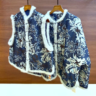 卡米兰2025秋冬新款新中式国风对襟盘扣拼水貂毛长袖宽松棉服外套