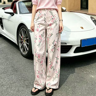 卡米兰2026夏季新品中腰印花订钻做旧水洗破洞洋气阔腿牛仔长裤女