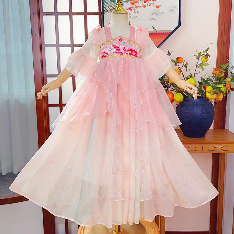 高端女童夏季新款超仙汉服连衣裙儿童重工花仙子雪纺裙子演出服秋