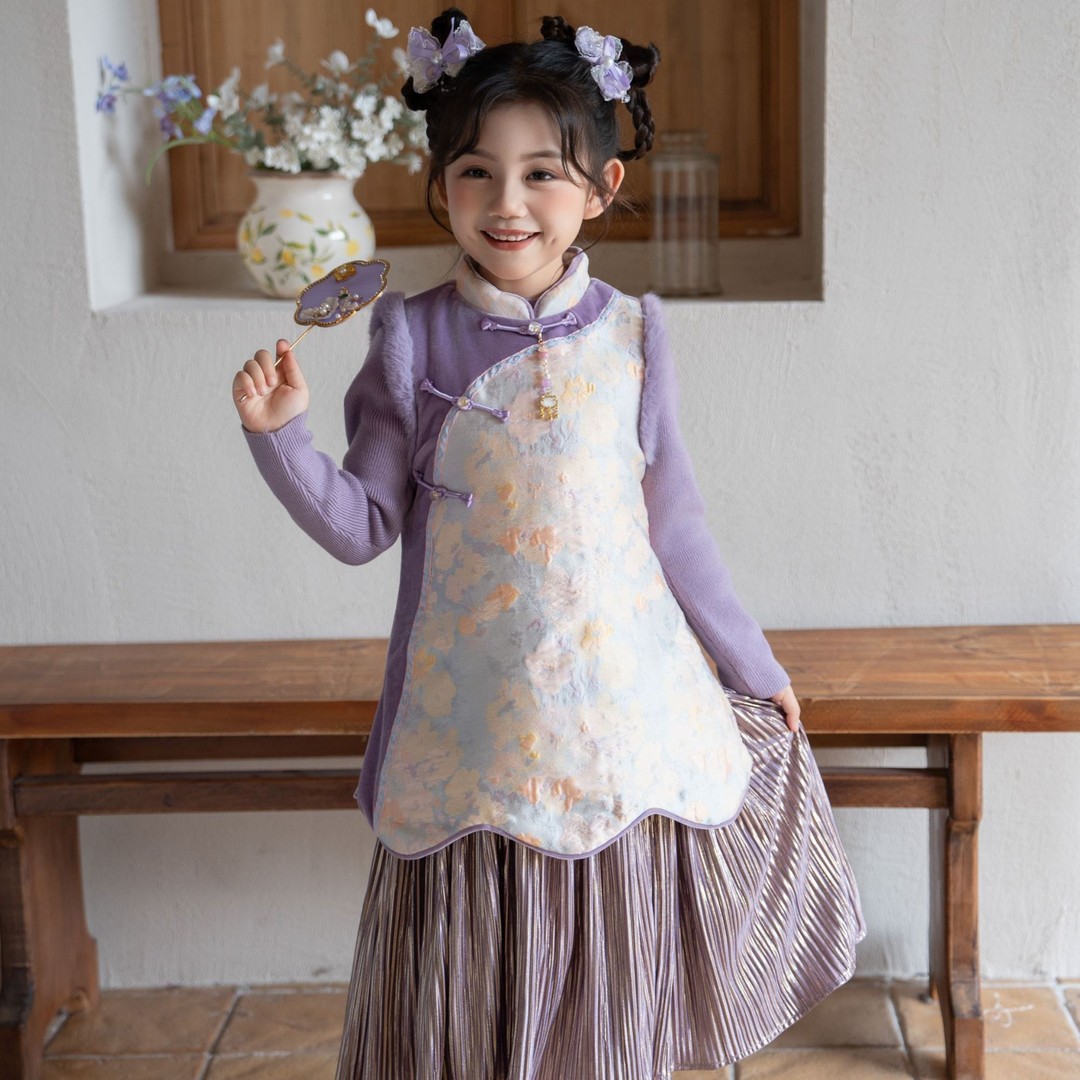 高端女童2025冬新款汉服套装千金风仙女旗袍背心裙打底毛衣两件套