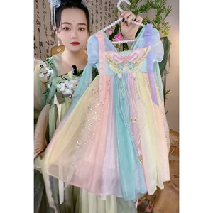 高端女童汉服夏季新款重工渐变礼服儿童复古中国风超仙蝴蝶演出服