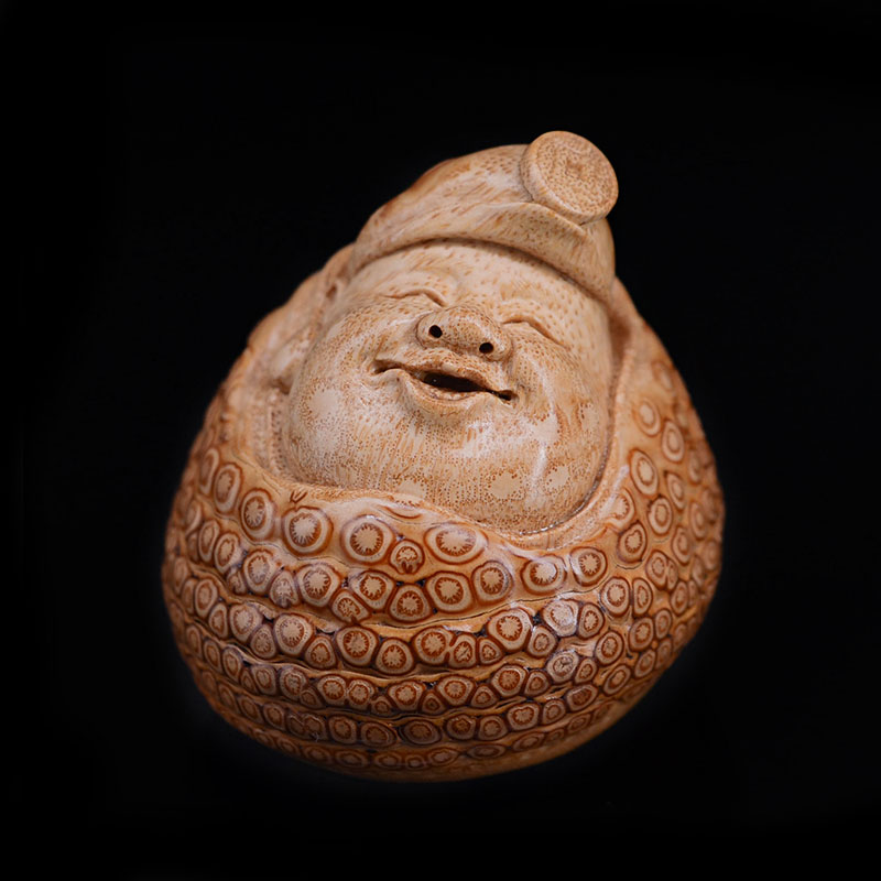 竹雕浙派大师张念超雕刻笑口常开把件精品老竹根雕手把件文玩摆件