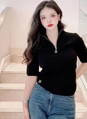 EP春夏新品半高领拉链弹力修身短袖针织衫EGJEA9905A-1699