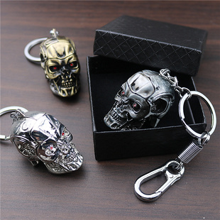 终结者骷髅头钥匙扣圈链个性创意合金属男女汽摩托车皮绳挂件配饰