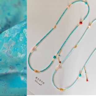 原创绿松石长款项链新中式国风多宝女皇贝古法金毛衣链斜挎背背链