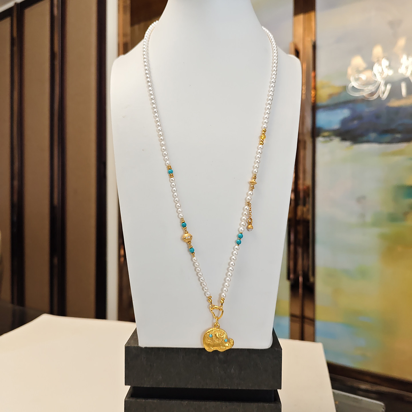 天然淡水珍珠挂绳绿松石项链长款蜜蜡吊坠串珠配黄金吊坠百搭挂链图片