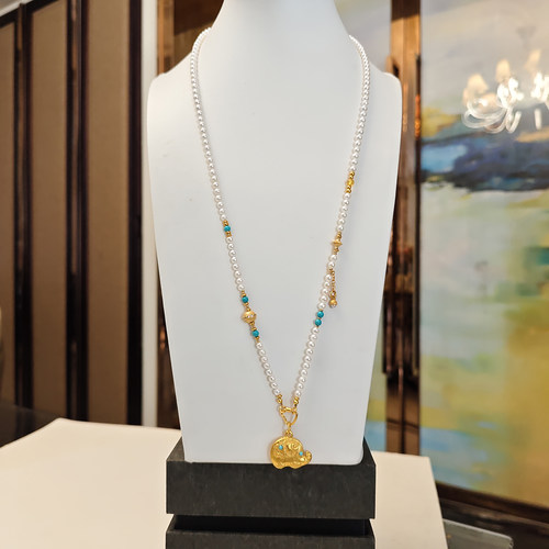 天然淡水珍珠挂绳绿松石项链长款蜜蜡吊坠串珠配黄金吊坠百搭挂链