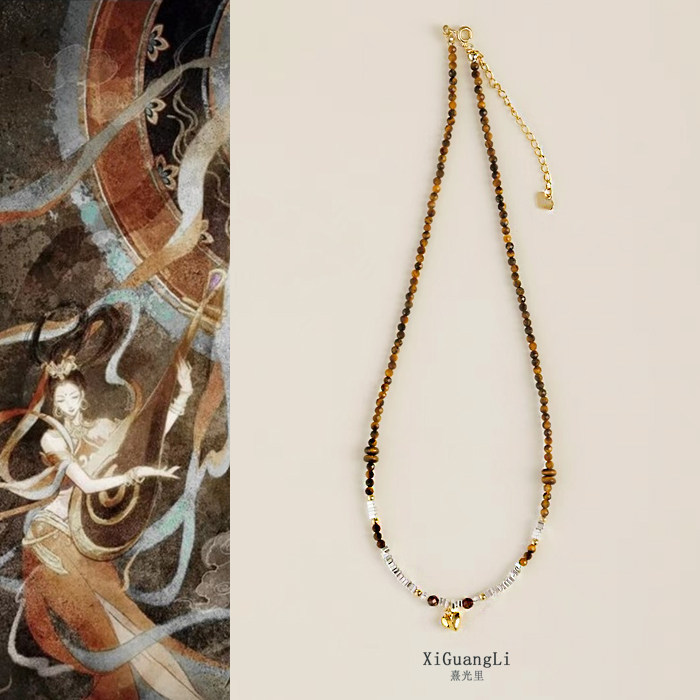 美拉德系天然虎眼石串珠项链碎银子项链百搭款小众高级感锁骨链女