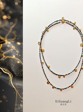 度假黑曜石串珠项链锁骨链希腊小众设计金色锤片毛衣链叠戴长项链