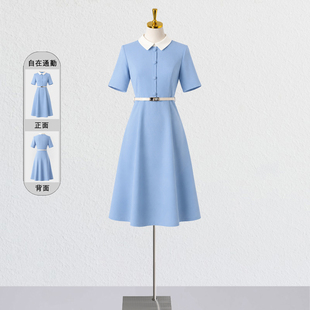 天蓝色知性娃娃领短袖通勤连衣裙职业夏款教师幼师园服工作服装女