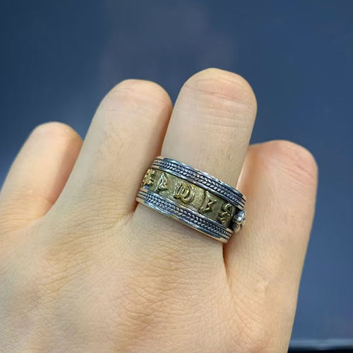 尼泊尔进口 手工制作  925纯银六字真言开口戒指  包邮