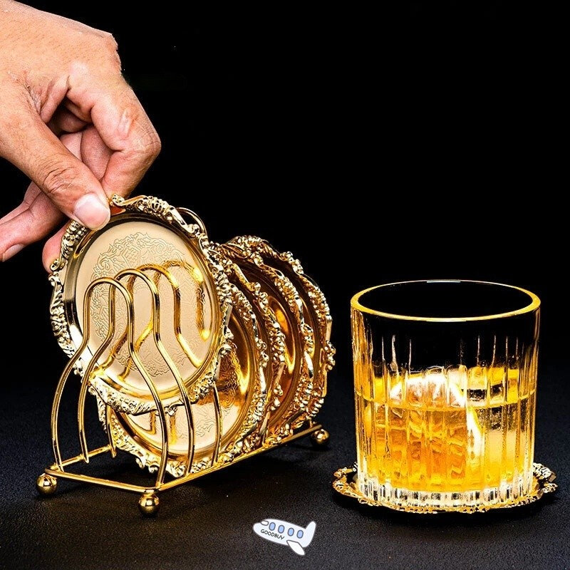 6pcs classical golden cocktail metal coaster kitchen mat