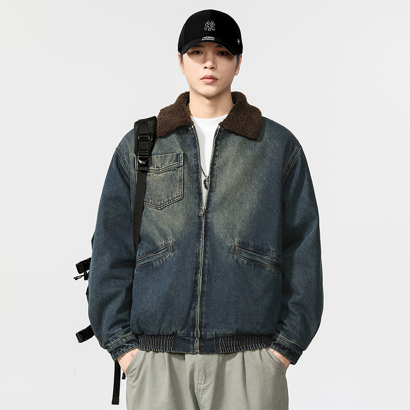 美式复古羊羔绒牛仔外套男冬季加绒新款冬装夹克