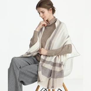 白色条纹披肩两用女秋冬季 羔羊毛英伦格子围巾百搭优雅格纹