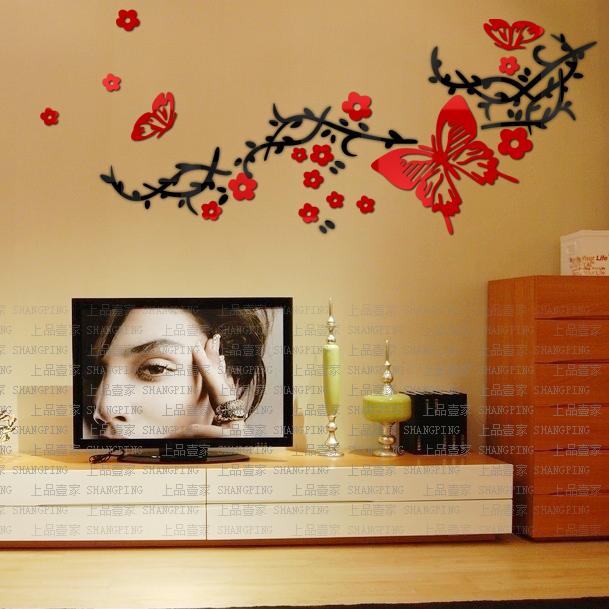 创意亚克力花藤蝴蝶3d立体墙贴纸客厅卧室电视背景墙上自粘装饰画图片