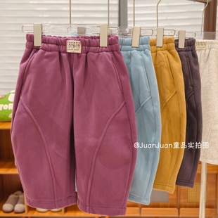 奥粒绒一体绒加厚弯刀裤子男女童秋冬款加厚保暖休闲百搭长裤纯色