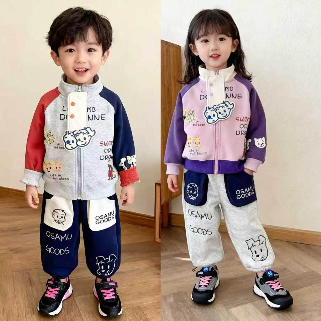 日系可爱卡通刺绣加绒加厚拉链卫衣外套男女童秋冬款保暖立领外套