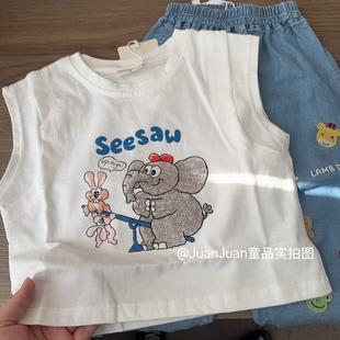日系可爱大象纯棉背心儿童夏季凉微袖上衣男童白t恤宝宝宽松短袖