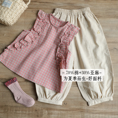 bp棉麻飞袖花边小衫套装 樱桃刺绣灯笼裤夏女童格子衬衫韩版