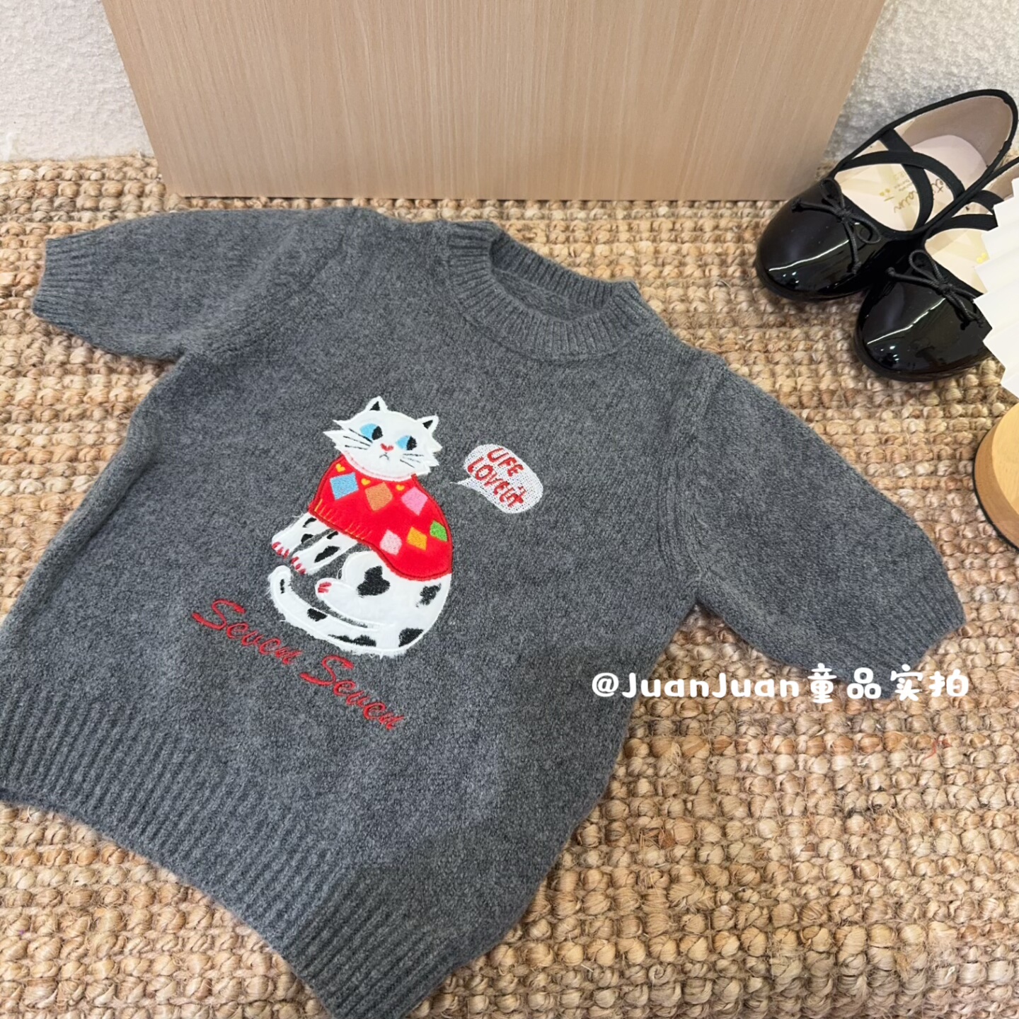 日系可爱卡通猫咪刺绣毛衣半袖灰儿童秋冬款针织衫女童圆领套头衫